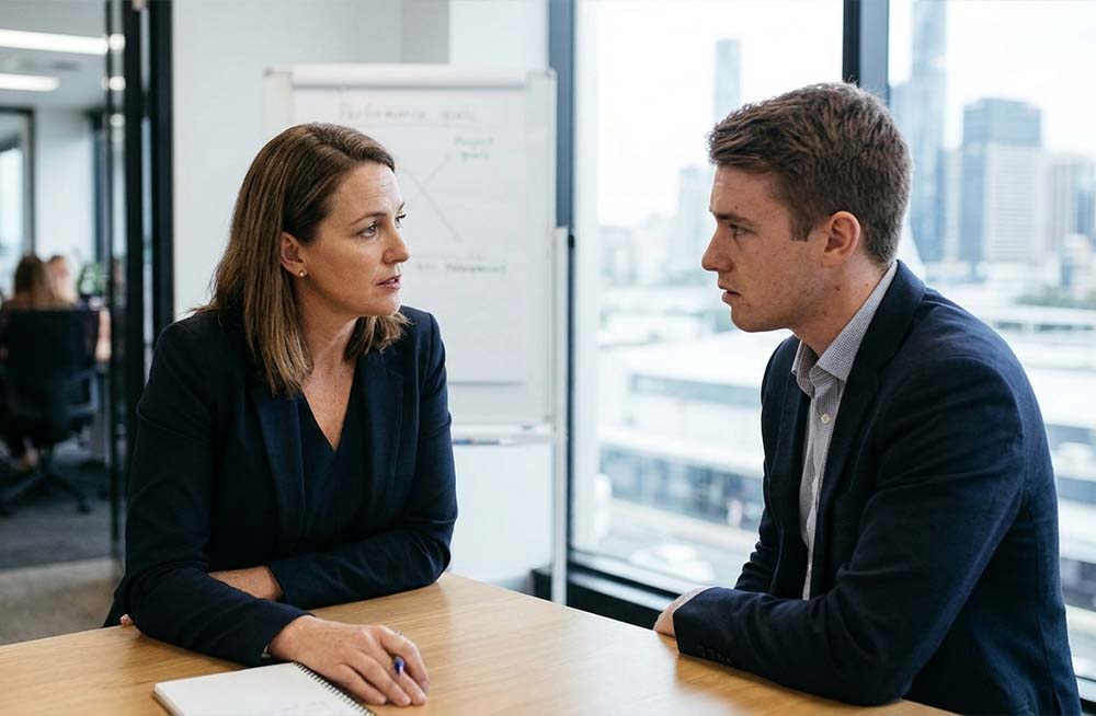 TMS Consulting leader holding a clear performance feedback session in an Australian office.